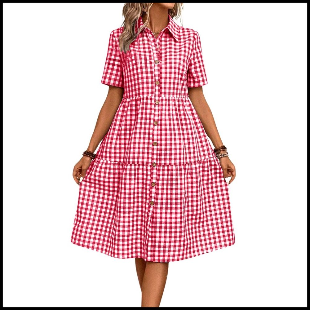 Plaid Button Down Shirt Dress with Pockets, Midi Length, A-Line Silhouette